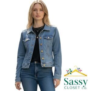 H&M Denim Jacket Blue Gold Stitching Button Front Stretch Size 6 EUC